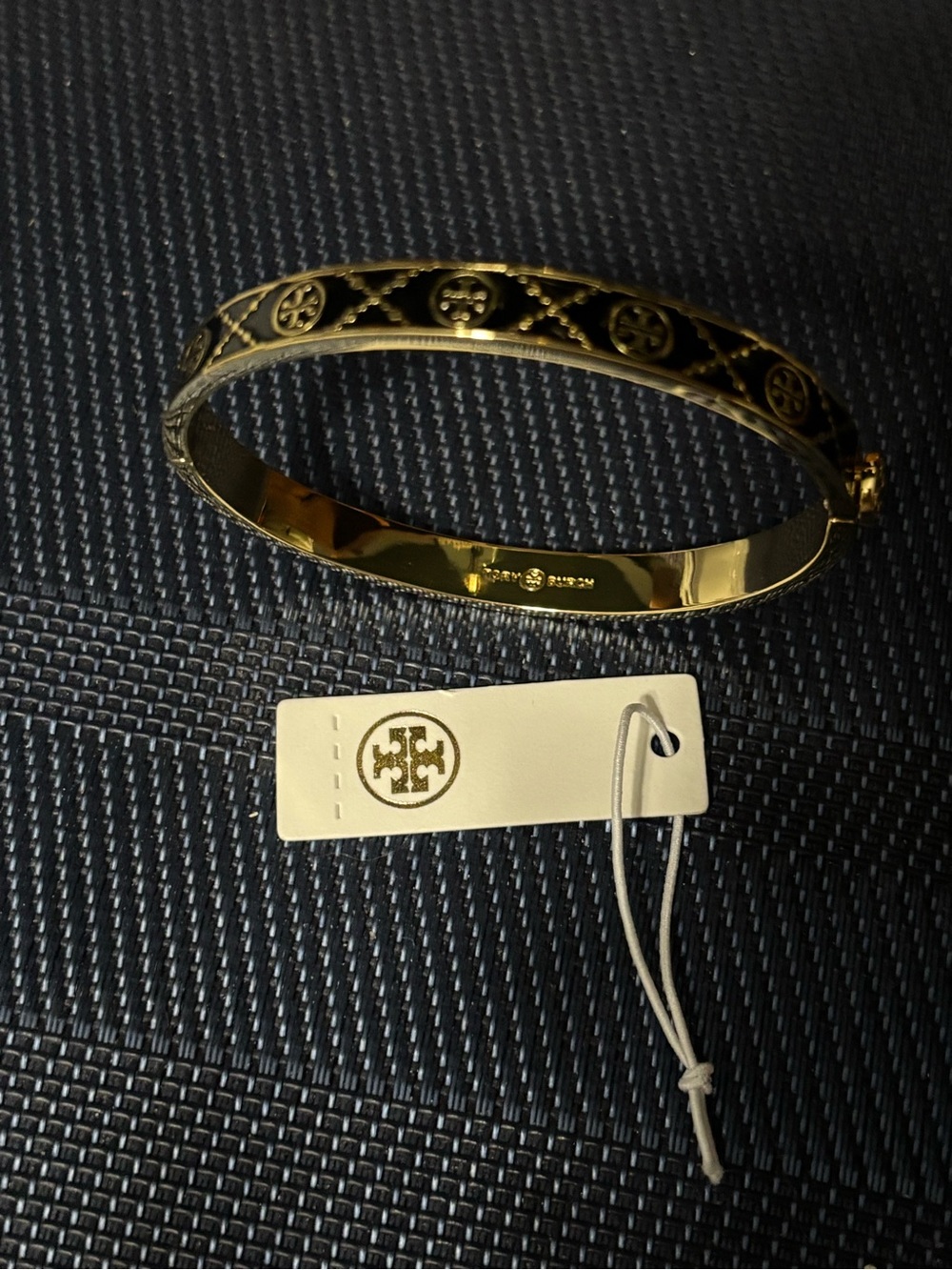 Brand new Tory Burch Gold and Black Logo Enamel Bangle Bracelet